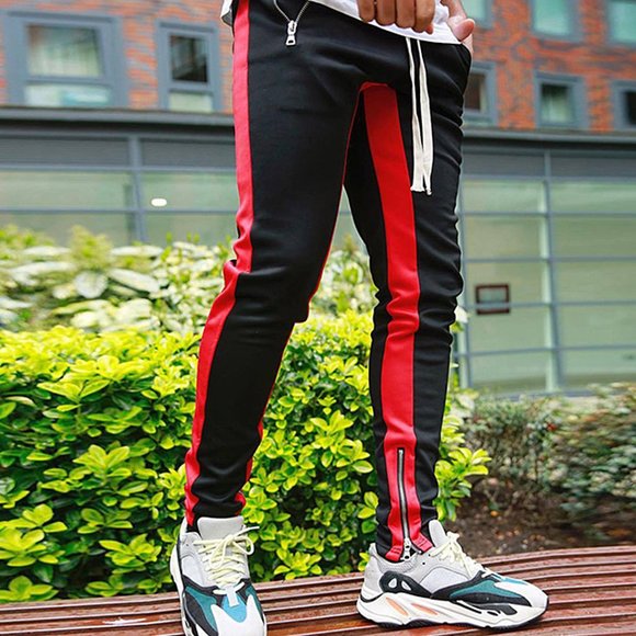 WOCACHI Men's Black & Red Side Stripe Track Pants with Zipper Pockets – NEW - Picture 5 of 7